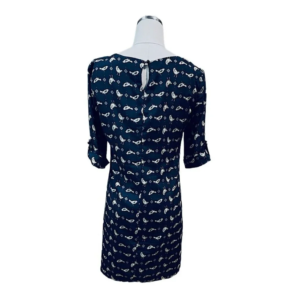 LILY ROSE Womens Shirt Dress Size Medium Bird Navy Blue Preppy Casual Shift Mini - Picture 9 of 16